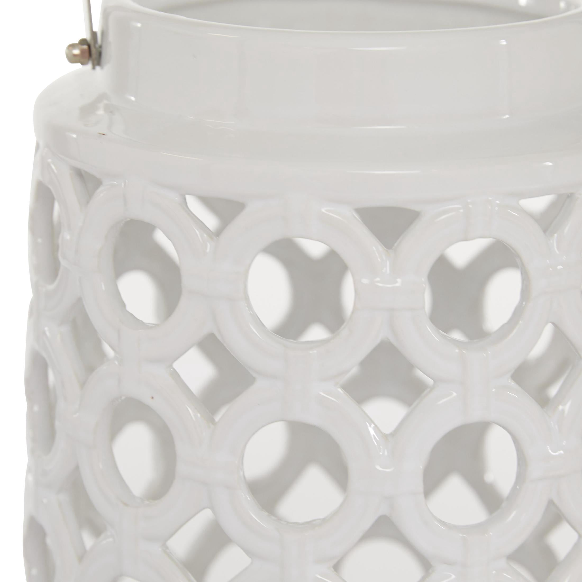 DecMode White Ceramic Circles Decorative Candle Lantern with Cut Out Design