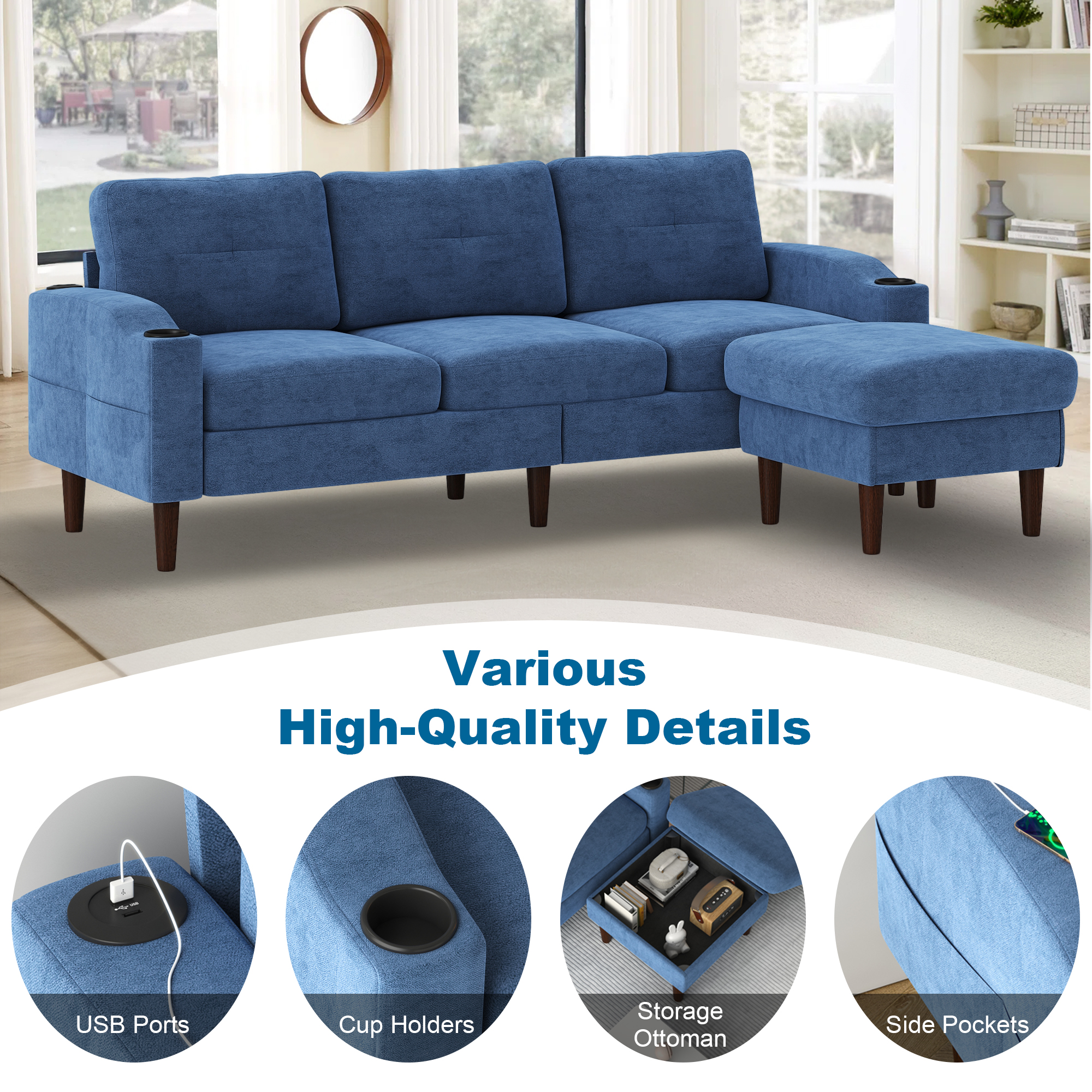 Aukfa L Shaped Sectional Sofa with USB Ports and Cup Holders, 78" 3 Seater Couch with Storage Ottoman, Blue