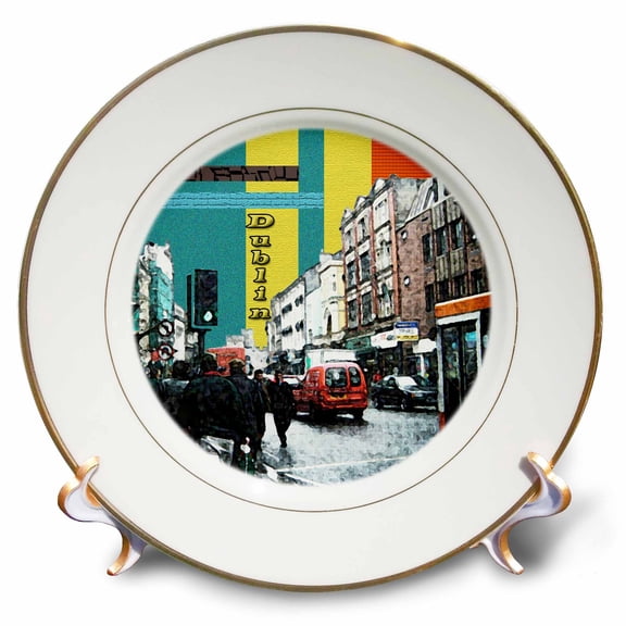 3dRose, A photo in Dublin Ireland with people walking and traffic, 8 inch Porcelain Plate