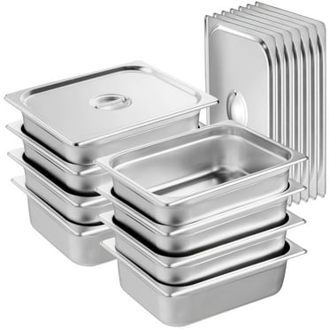 KFFKFF 8 Set Half-Size Steam Table Pans with Covers, 0.8mm Durable Stainless Steel, 4-Inch Depth, Anti-Jam Design, for Catering and Food Storage, Suitable for Commercial Use