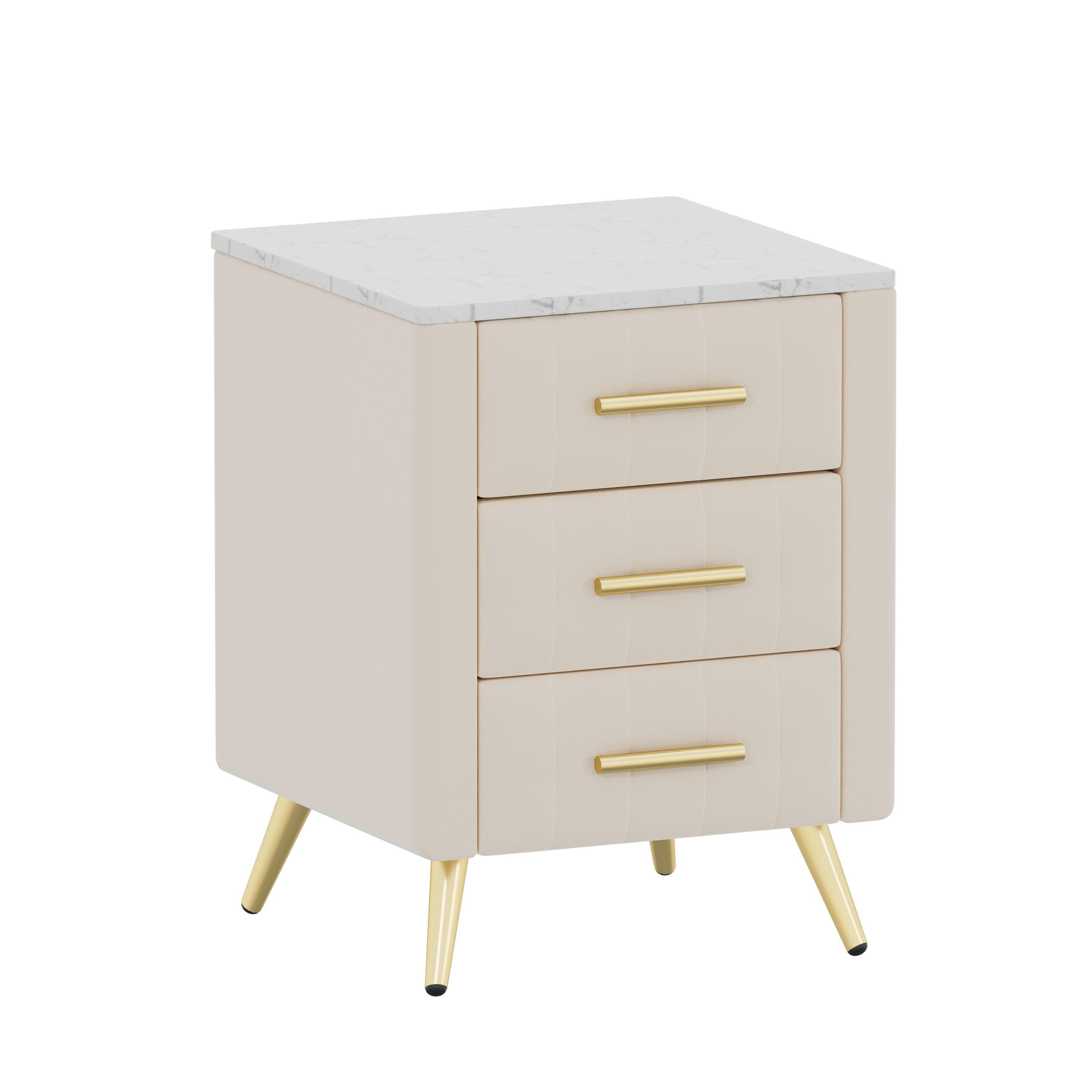 Velvet Upholstered Nightstand with 3 Drawers, Marble Effect Tabletop, Metal Legs & Handles, Plywood Bedside End Table for Bedroom Living Room Nursery, 16.3"×16.3"×21.8"