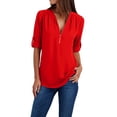 thumbnail image 1 of DYMADE Womens Solid Long Sleeve Zipper Tops Casual Chiffon Shirt Blouses, 1 of 4