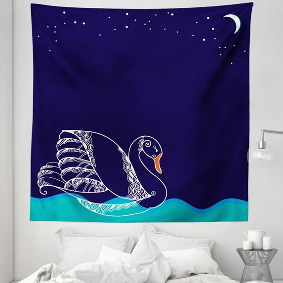 White Blue Tapestry, Silhouette of Big Winged Swan Floating on Waves in Lake Dark Starry Night Graphic Art, Fabric Wall Hanging Decor for Bedroom Living Room Dorm, 5 Sizes, White Blue, by Ambesonne