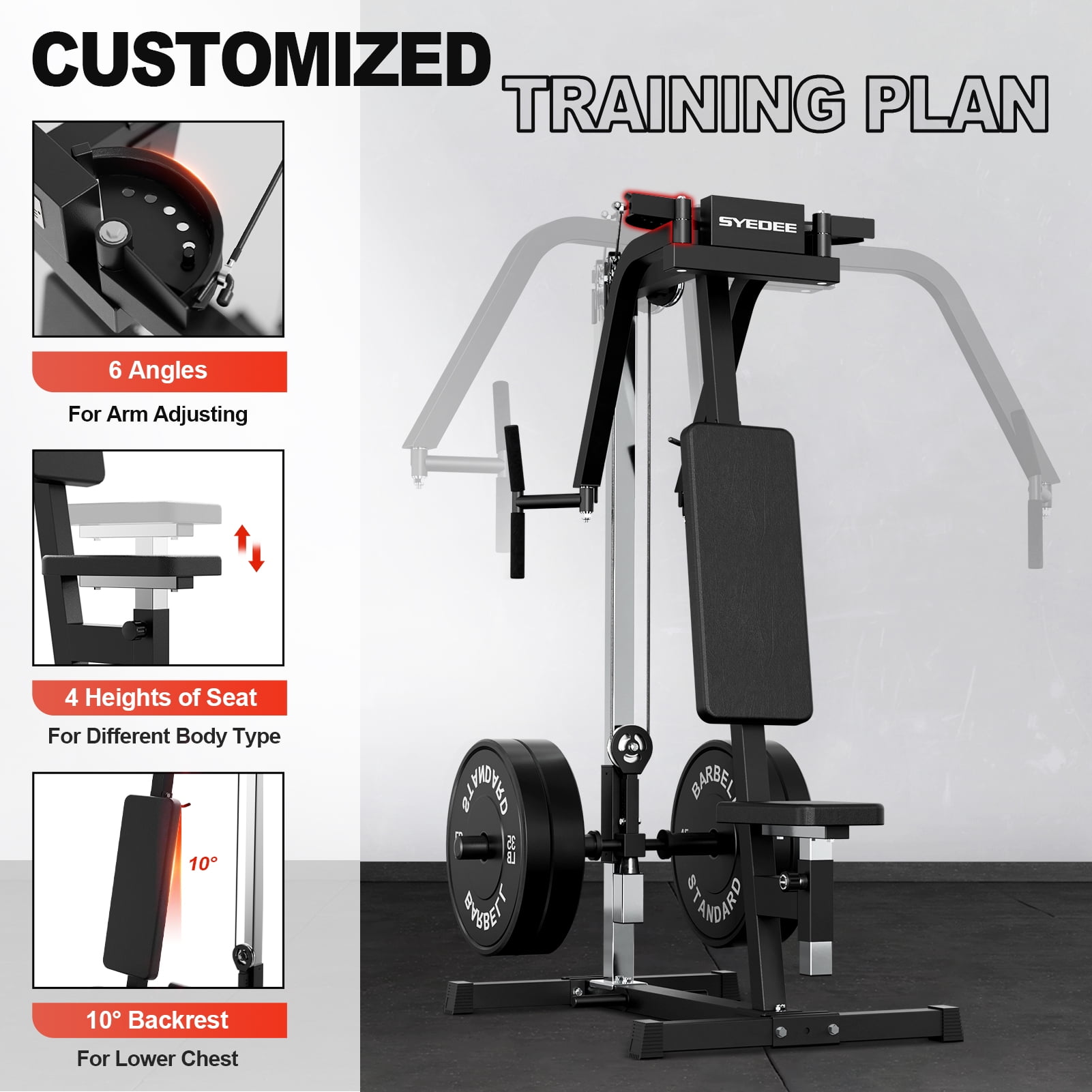 Syedee Chest Fly & Reverse Delt Machine, Plate-Loaded Pec Deck,  400 LBS Upper Body Specialty Machine, 4-Level Seat, 2:1 Ratio, Aluminum Pulleys, Compact Home Gym