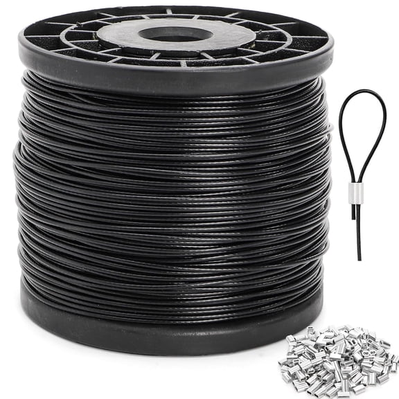 HBMYN 1/16 Inch x 500 Feet Wire Rope Cable with 200 Pcs Crimping Sleeves, Stainless Steel Braided Wire Stranded Rope, Black Vinyl Coated Aircraft Cable for Clothesline, Trellis, 7x7 Strands Core