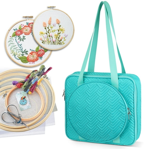 FINPAC Embroidery Bag, Cross Stitch Storage, Square Quilted Tote Organizer with Multiple Pockets for Floss, Hoops, Thread, Stitch Tools Kit [Bag Only], Green