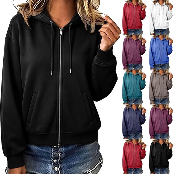 Zip Up Jackets for Women Fall Fashion Hoodie Sport Casual Long Sleeve Hooded Crop Sweatshirt Coat with Pocket (XL, Black)