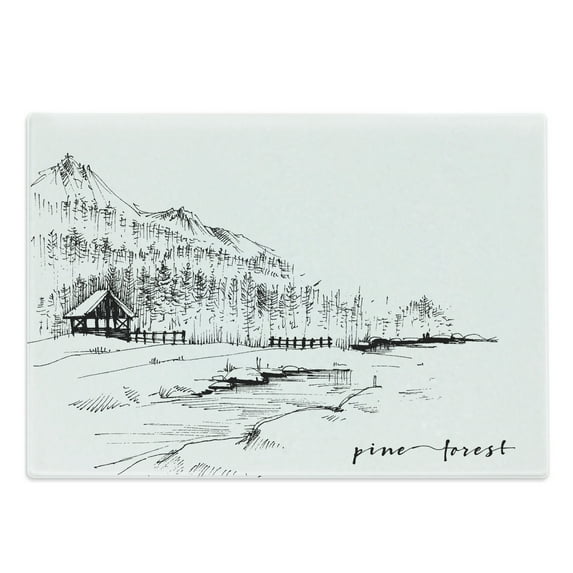 Sketchy Cutting Board, View of Pine Forest by the Lake with Mountains in Rural Countryside Nature Scenery, Decorative Tempered Glass Cutting and Serving Board, Large Size, Black White, by Ambesonne