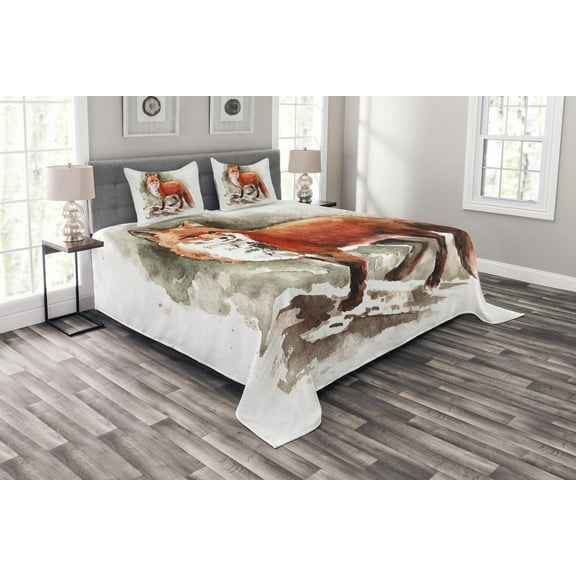 Ambesonne Fox Quilted Bedspread Set 3 Pcs, Watercolor Bushy Tail Tod, Queen Size, Burnt Sienna White Brown