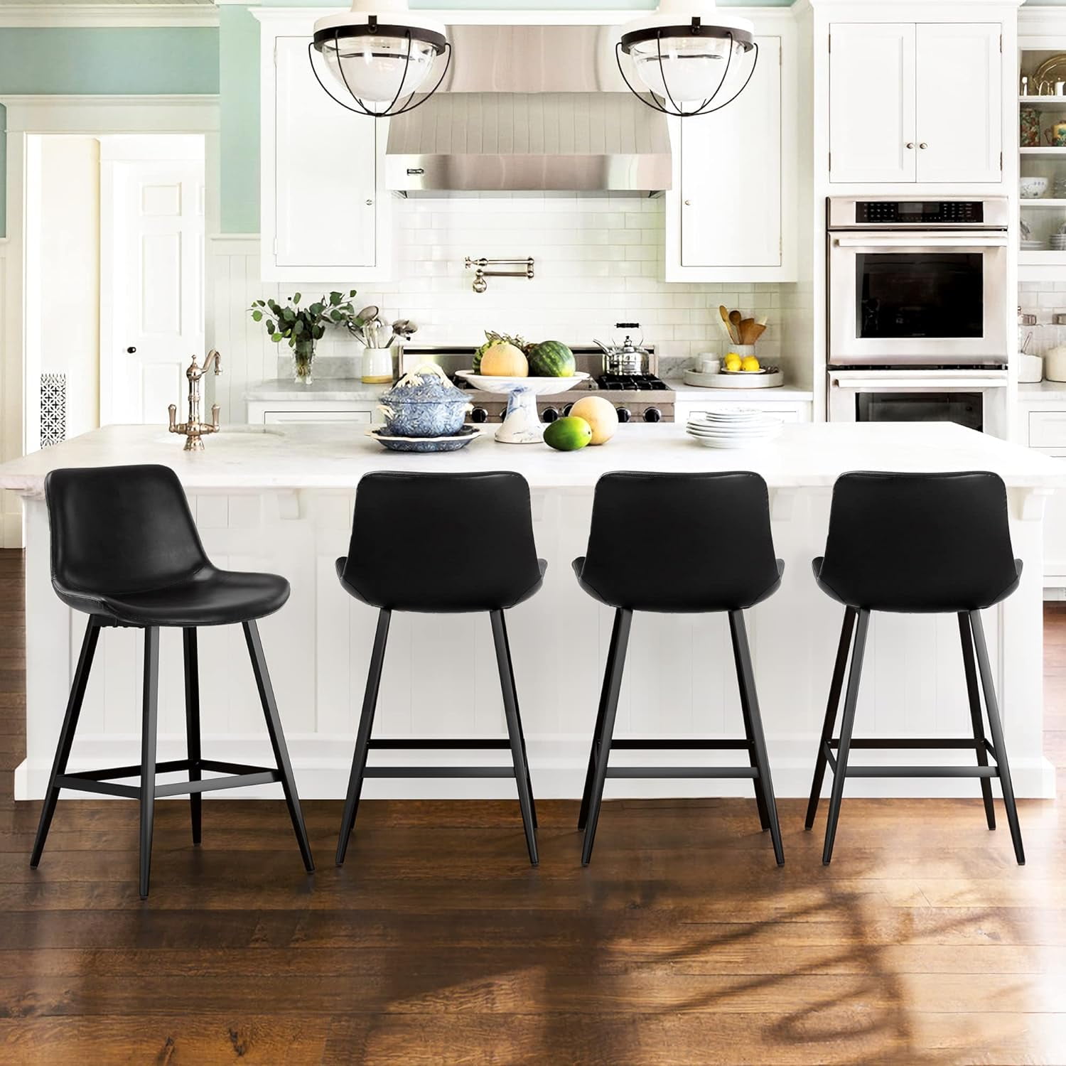 Dycanpo 24” Counter Height Bar Stools Set of 4, Modern Faux Leather, for Home Kitchen, Black