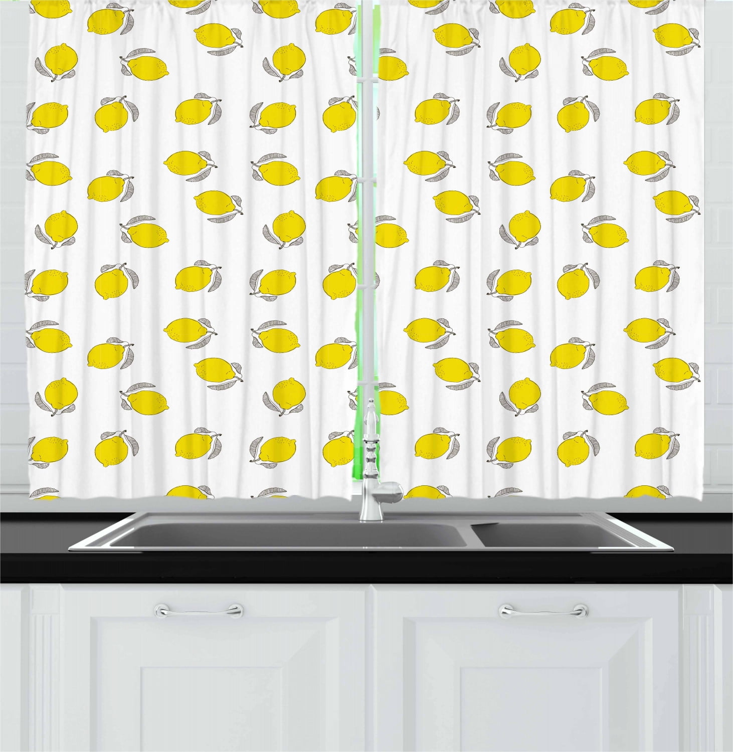 Lemons Curtains 2 Panels Set, Detailed Hand Drawing Upside Down Lemon
