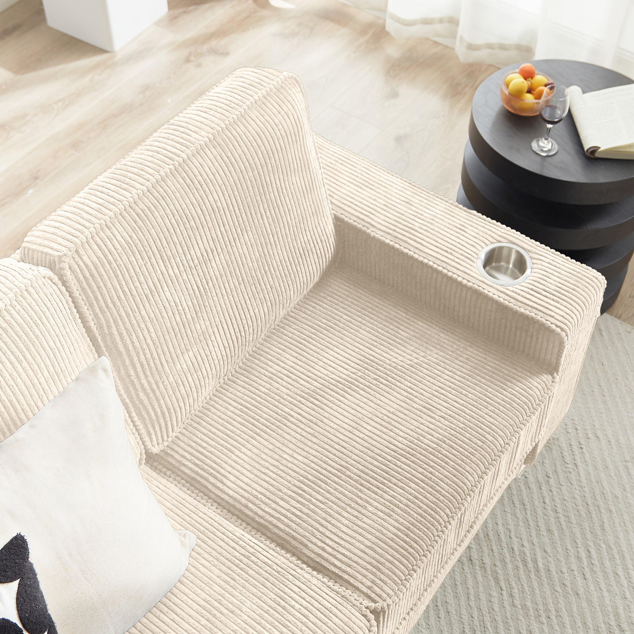 Aukfa 84" Corduroy Sofa with Cup Holders, Modern 3-Seater Fabric Couch for Living Room, Beige