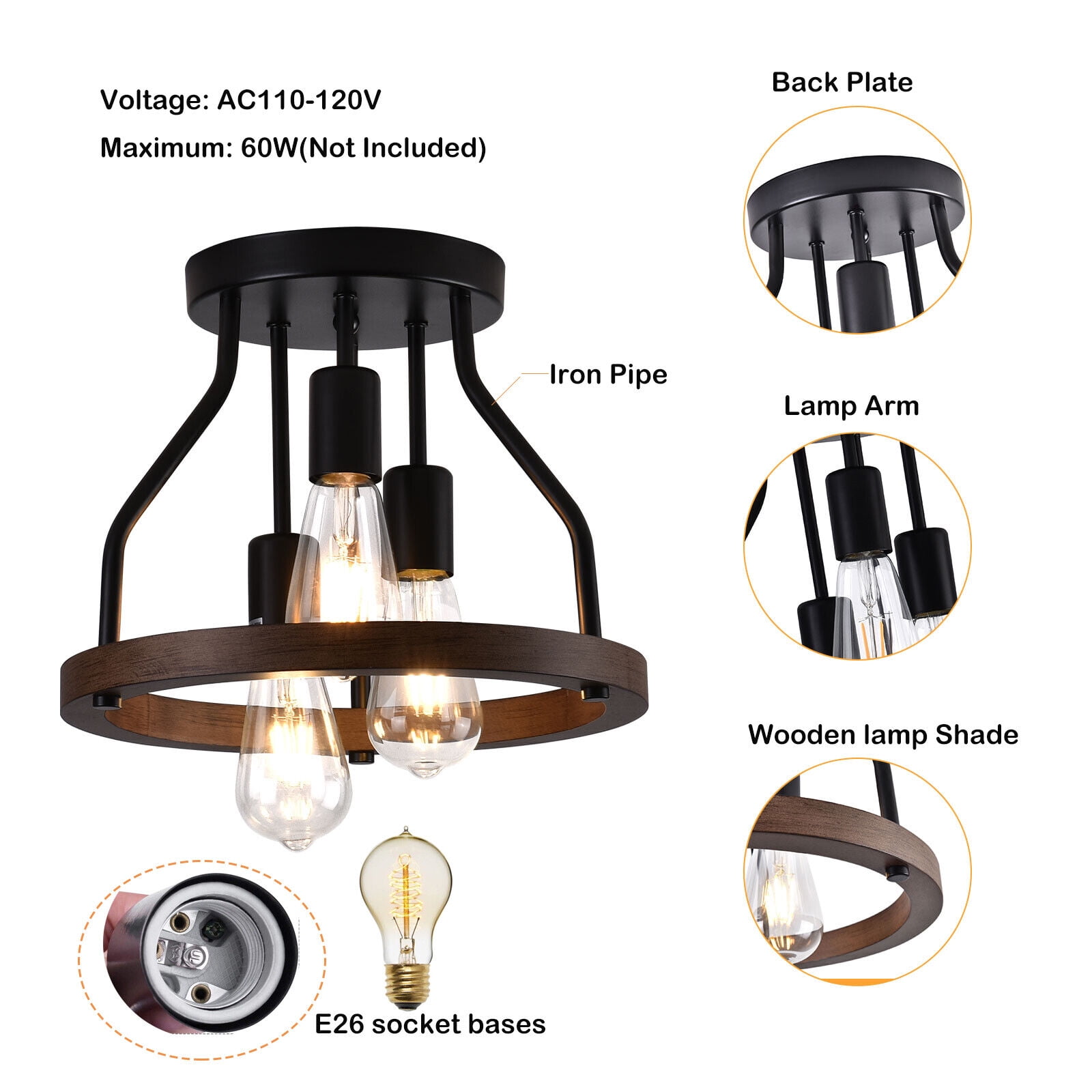 Farmhouse Flush Mount Ceiling Light, 2-Light Rustic Industrial Wood & Black Metal Fixture, E26 Socket, Dimmable, 12.6" for Kitchen, Dining Room, Hallway