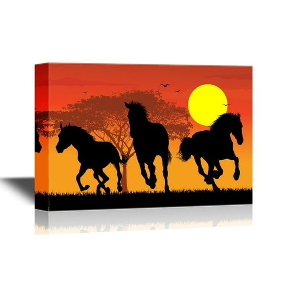 wall26 - African Savanna Sunset Canvas Wall Art - Galloping Wild Horses and Acacia Tree on African Savannah - Gallery Wrap Modern Home Art | Ready to Hang - 24x36 inches