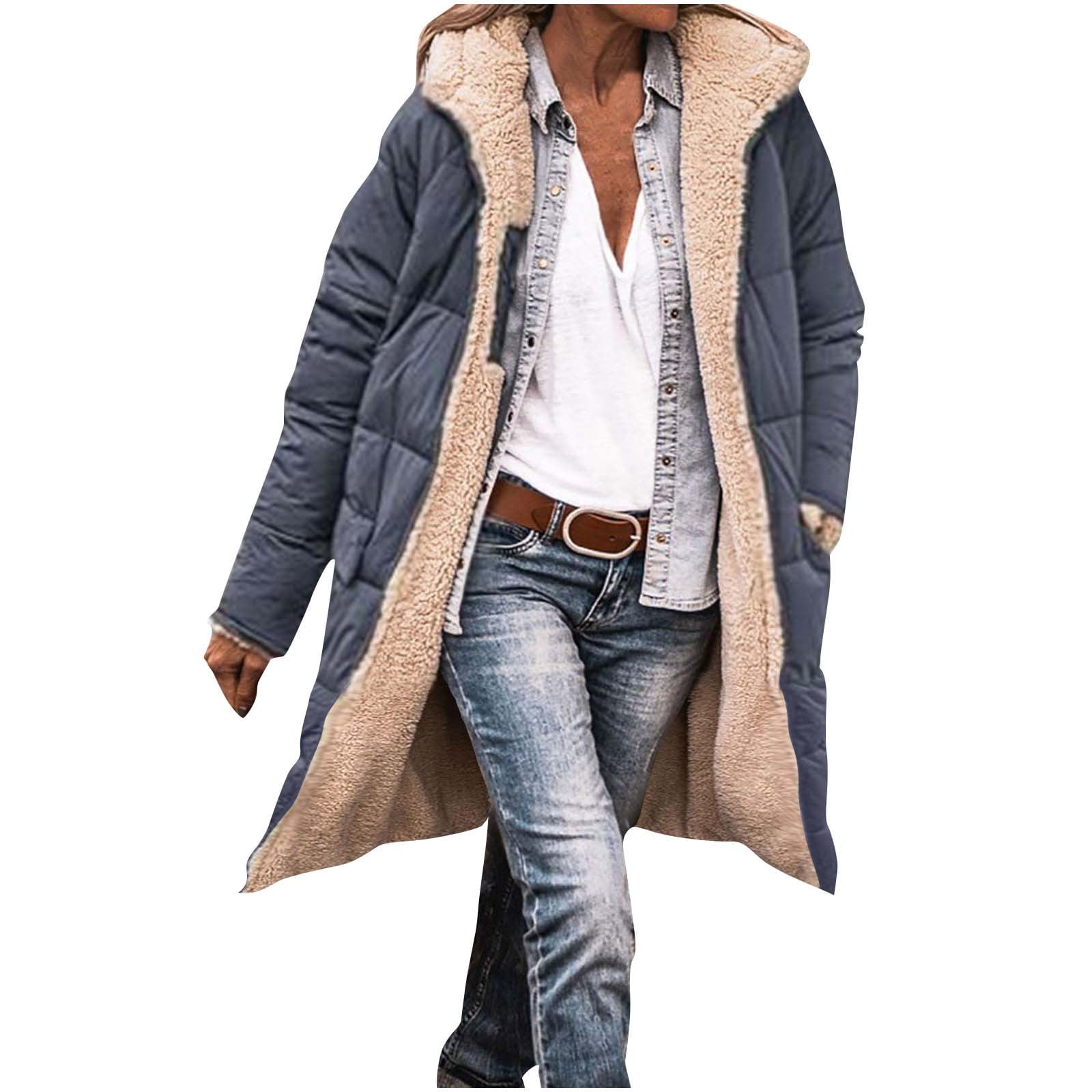 BiZtdJrK Women's Oversized Long Coat Plush Lining Reversible Zipper Puffer Jackets Long Sleeve Hooded Down Outerwear with Pocket 2025 Fall Winter Warm Clothes Daily Sales Dark Gray L