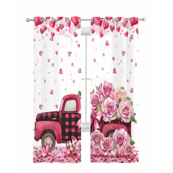 Valentine's Day Sheer Curtains 84 Inch Length 2 Panels Set for Living Room/Bedroom, Pink Love Roses Truck Romantic White Kitchen Curtains Grommet Semi-Sheer Curtains Window Treatments 52"x84"x2
