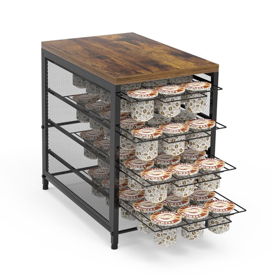 4-Tier Coffee Pod Organizer with Sliding Drawers - 72-Capacity Keurig Pod Storage, Rustic Wood Top for Countertop Coffee Station
