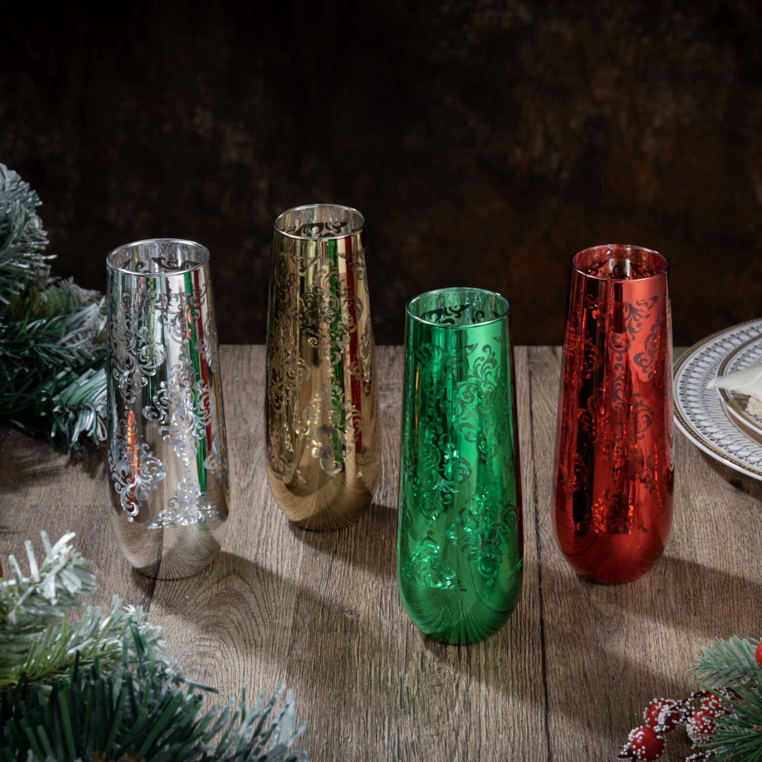 MyGift Set of 4 Modern Christmas Champagne Flutes 9 oz Stemless Sparkling Wine Glasses with Baroque Pattern Multicolored Holiday Drinkware for Parties Home Entertaining