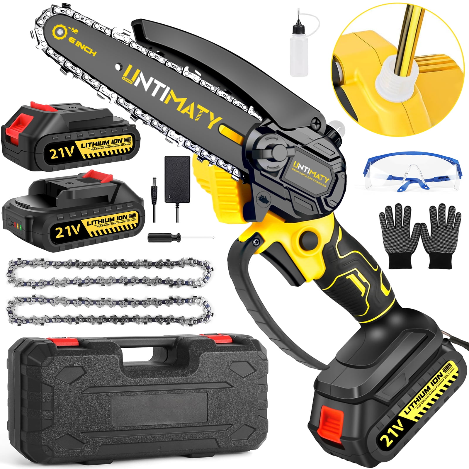 UNTIMATY Mini Cordless Chainsaw 6 inch Small Electric Chainsaw Battery Powered Hand Held Pruning Chainsaw for Wood Cutting and Tree Trimming, Yellow