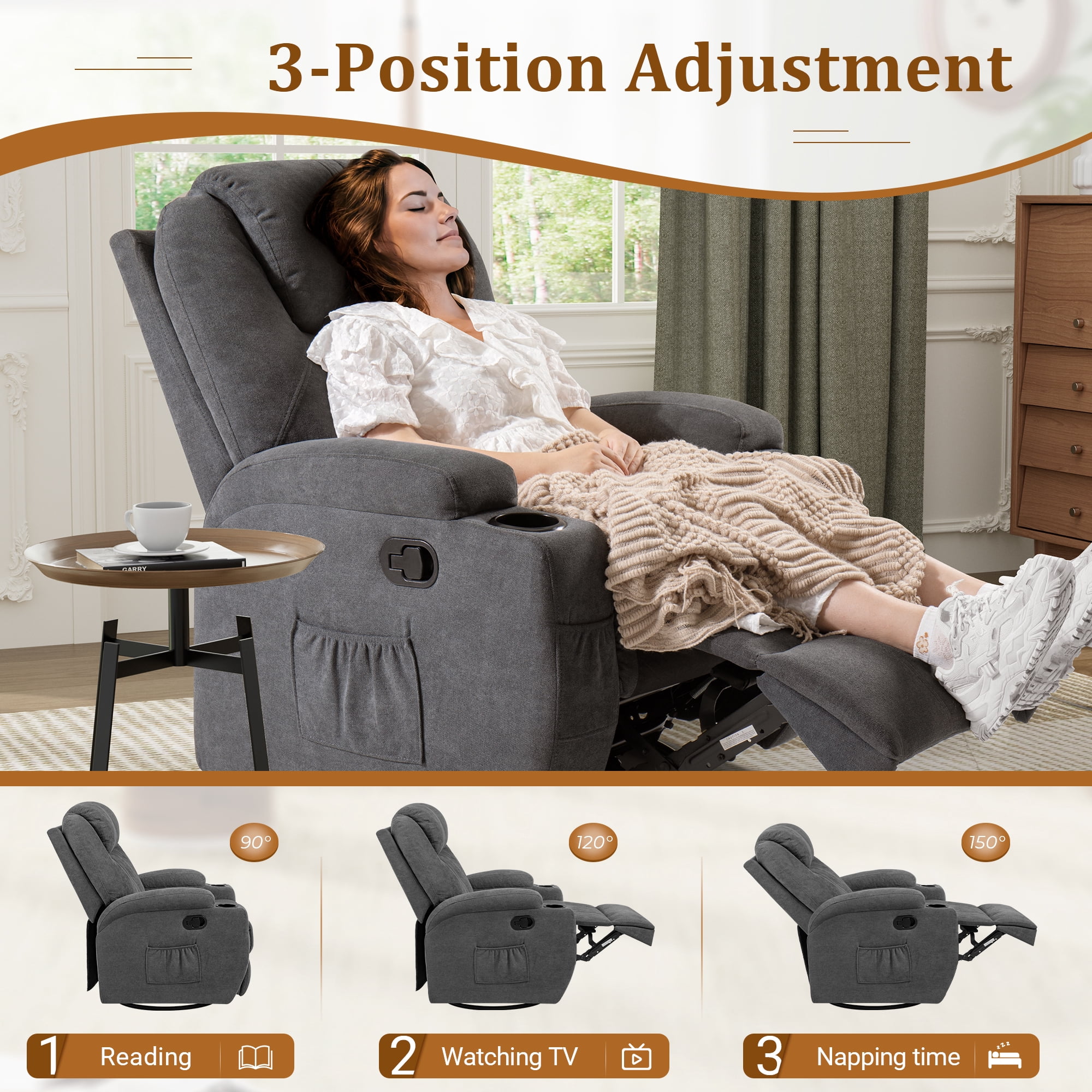 Vineego Recliner,Modern Fabric Rocking Chair with Massage,360 Degree Swivel Single Sofa Seat with Drink Holder