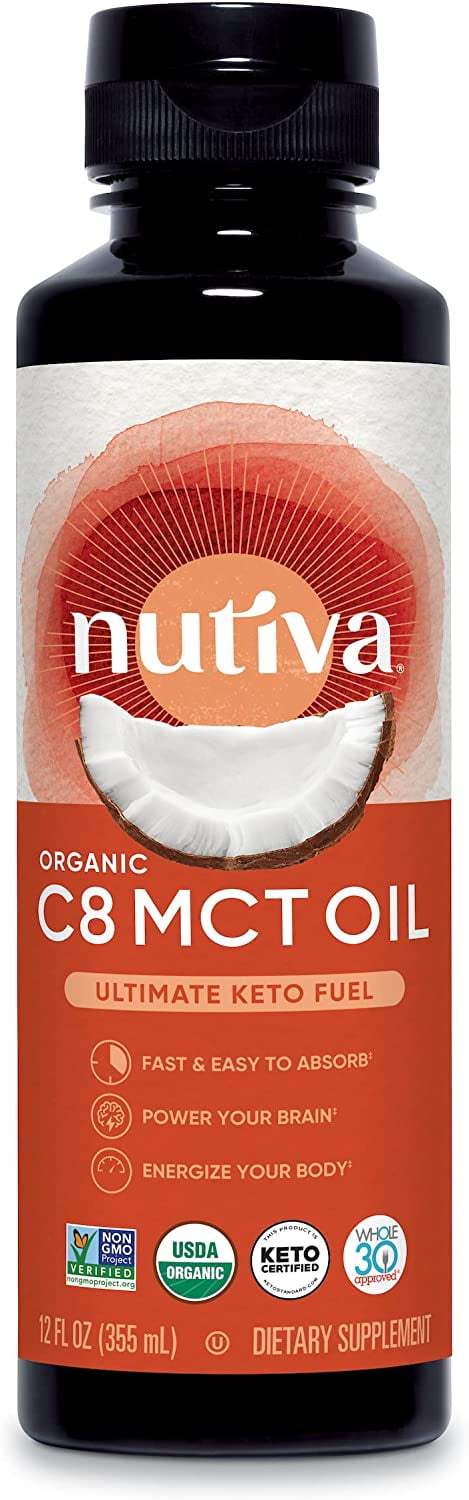 Nutiva Organic C8 MCT Oil, 12 Fl. Oz., Keto Fuel from Non-GMO Coconut, USDA Organic, Whole 30, Vegan & Gluten-Free