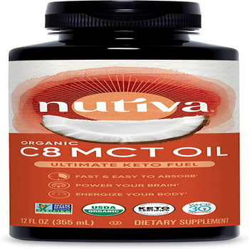 Nutiva  C8 MCT Oil, 12 Fl. Oz., Keto Fuel from Non-GMO Coconut, USDA , Whole 30, Vegan & Gluten-Free