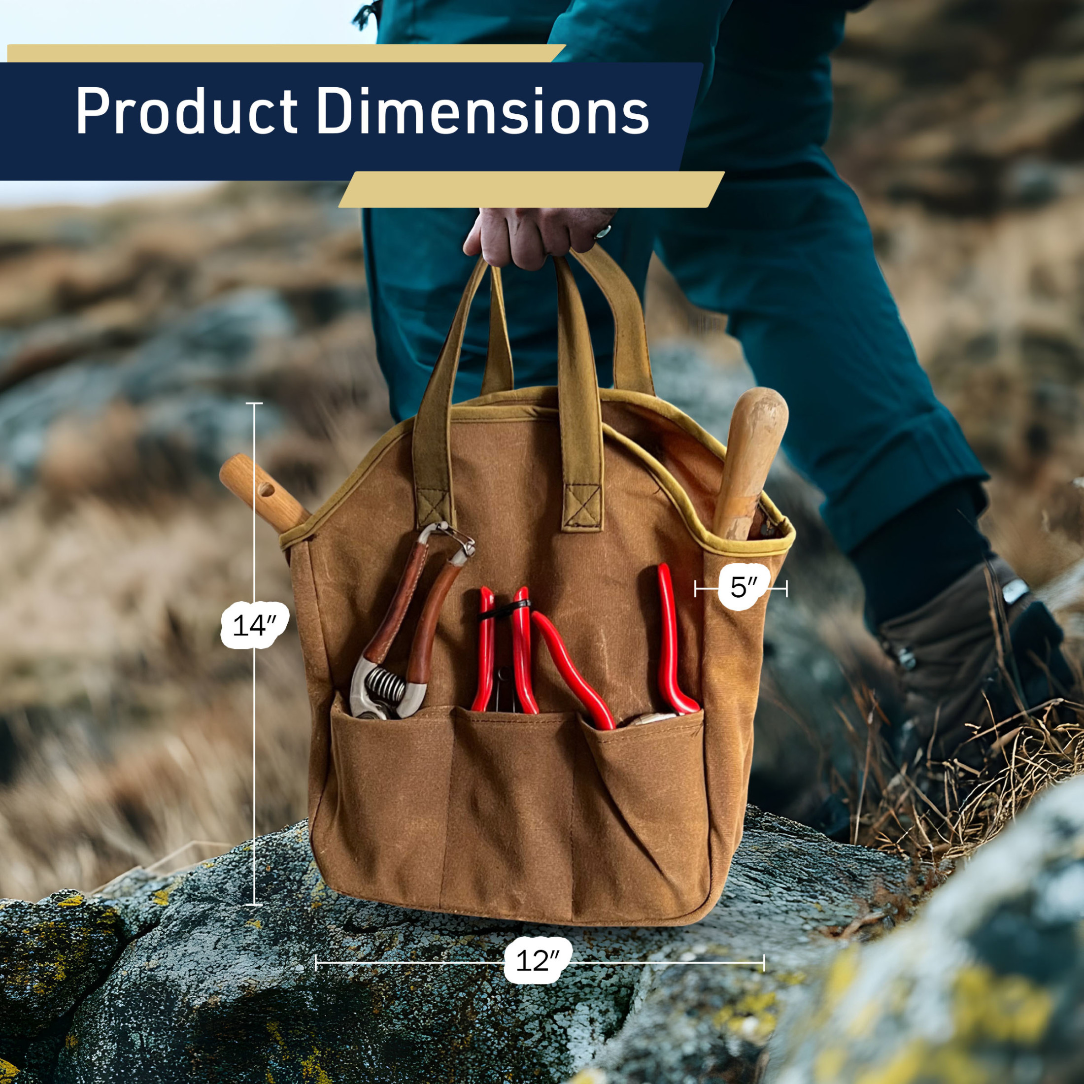 Kings County Tools Garden Tool Bag - 12x14” Waxed Canvas Tote Bag Gardening Caddy with Pockets