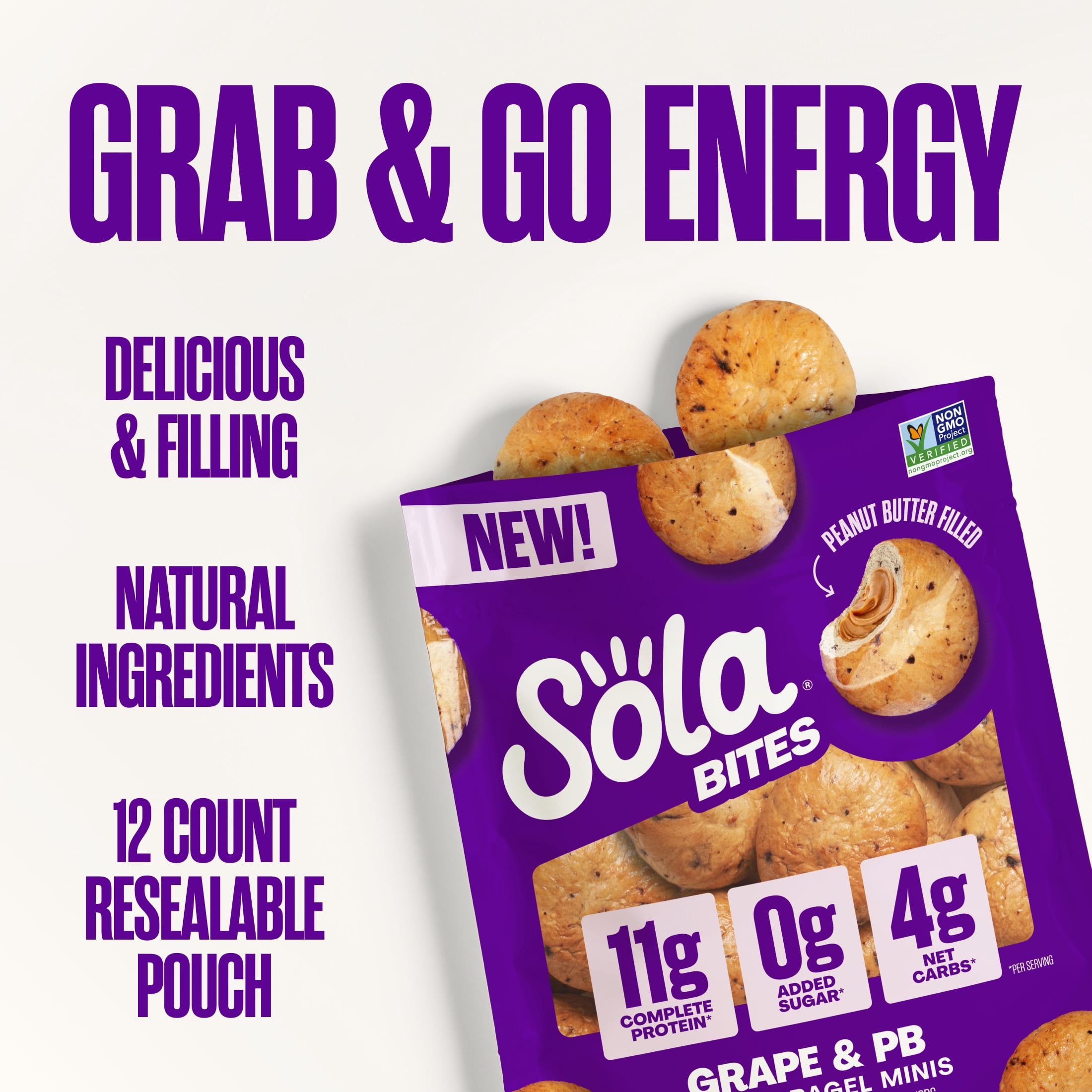 Sola PB Stuffed Grape Bites, 12 Energy Bites, Resealable Pouch