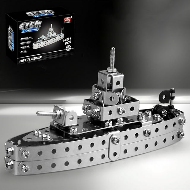 Fesfesfes Metal Assembled Engineering Vehicle Screw Tightening Toy Model Building Blocks For Children Military Ship Gift Silver