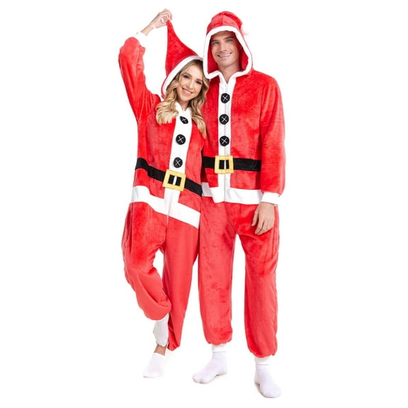 Couple Matching Christmas Pajamas Flannel Hooded One Piece Jumpsuit Pjs Santa Claus Costume for Men Women