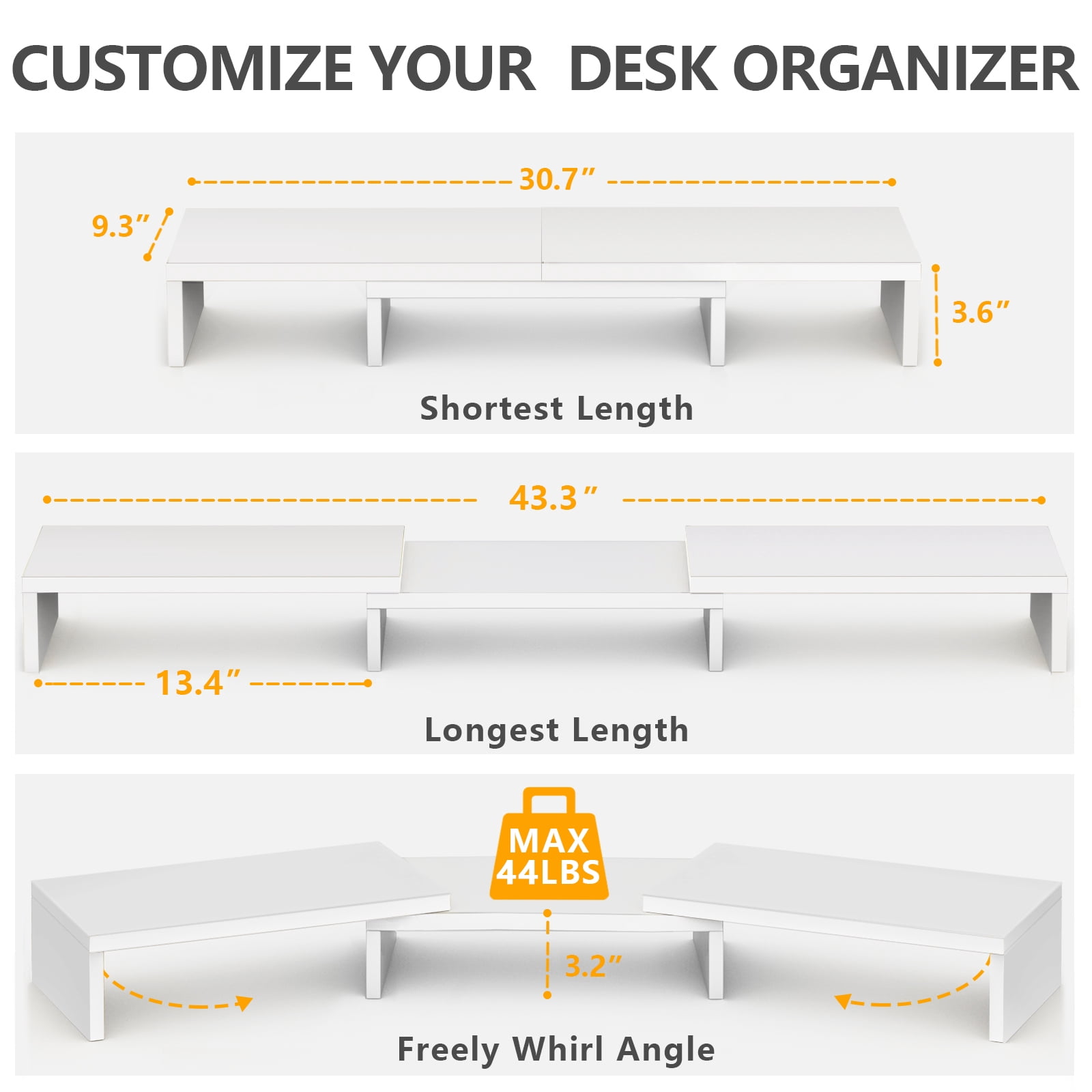 RTVR Dual Monitor Stand Riser Office Desktop Organizer Stand for 2 Monitors, Adjustable Length & Angle 3 Shelf Extra Long for TV Computer Laptop White