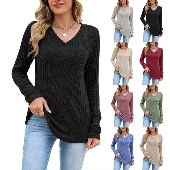 LIaqionyy Womens Tops V Neck Lightweight Sweater Fall Long Sleeve Knit Pullover Tunic Business Casual Outfits