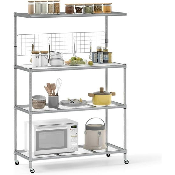 SSyao 4-Tier Kitchen Baker's Rack on Wheels, Heavy-Duty Microwave Stand with Adjustable Shelves, Hanging Grid Panel, and 4 S-Hooks, Rolling Coffee Bar Storage Organizer for Kitchen & Dining Room