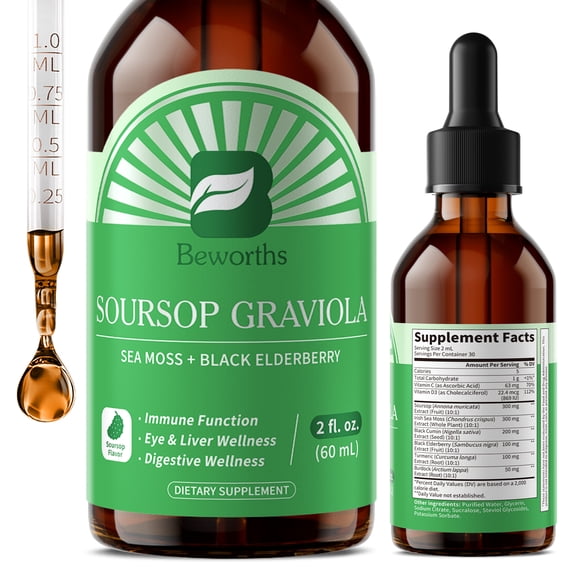 Soursop Bitters Liquid Drops with Irish Sea Moss,Soursop Graviola Leaves Extract - Soursop Multivitamin Complex Supports Antioxidant, Gut Cleanse & Immunity, 2 oz