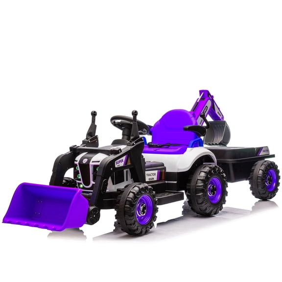 24V Kids Ride on Excavator Digger Toy Cars, Ride on Construction Toy w/4-in-1 Construction Attachments (Excavator, Dump Truck & Bulldozer), Electric Tractor Car w/Remote Control, Swivel Seat, Purple