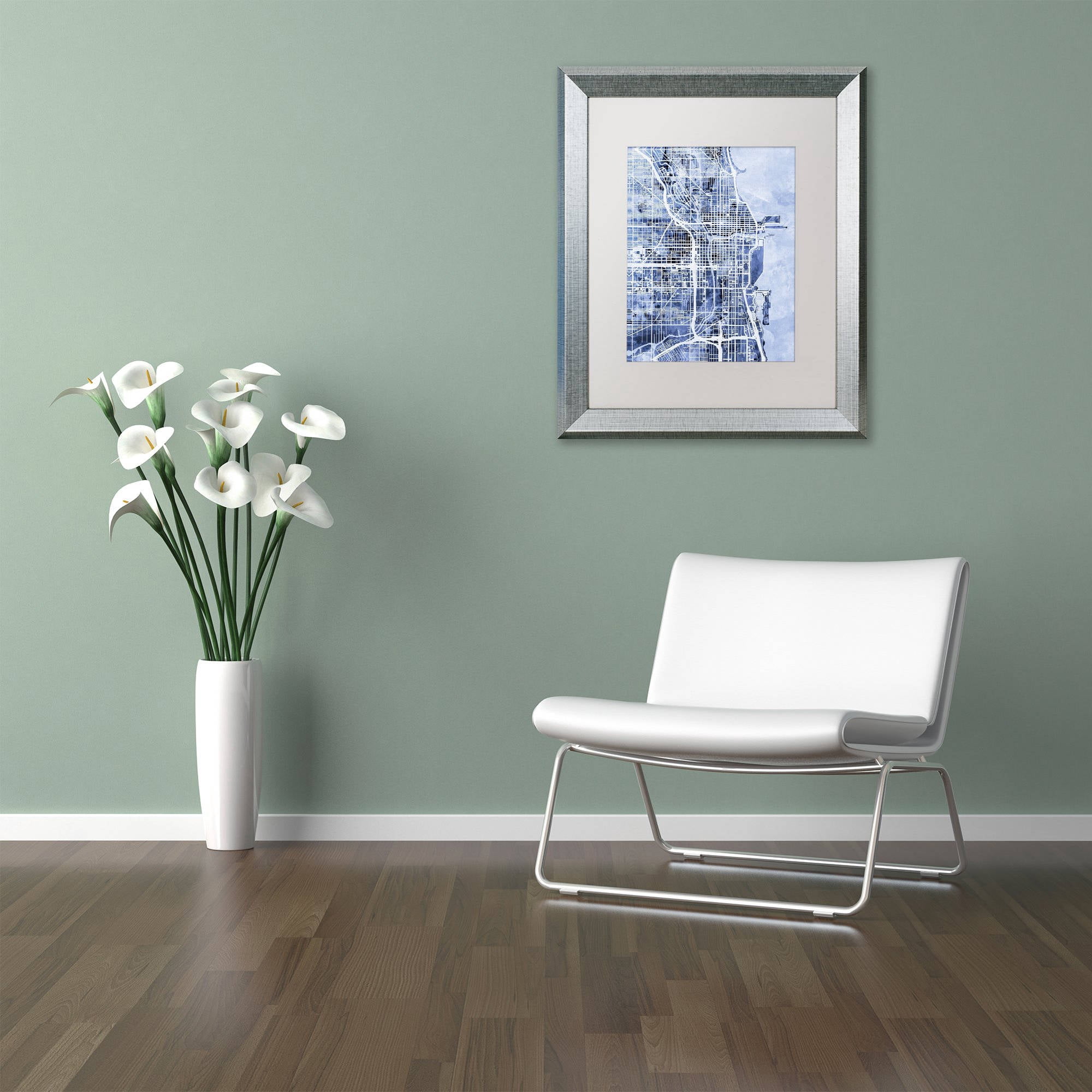 Trademark Fine Art "Chicago City Street Map B&W" Canvas Art by Michael Tompsett, White Matte, Silver Frame