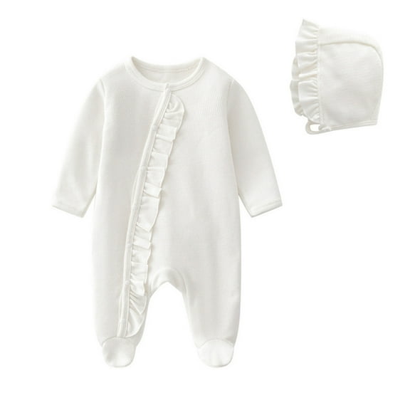 Odeerbi 2PCS Infant Boys Girls Cotton Rompers Footie Jumpsuit Baby Clothes 0-12 Months Infant Clothing Long Sleeve Footwear Crawling Clothes Bodysuit With Hat White