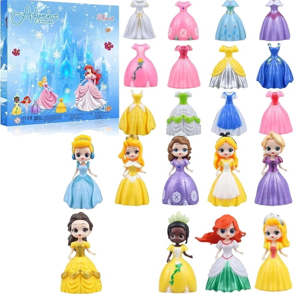 Advent Calendar for Girls 24 Days Countdown – Princess Transformable Toys with 12 Princesses & 12 Outfits, Christmas Calendar Playset for Dress Up, Xmas Gifts, Party Favors, Classroom Prizes