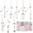 thumbnail image 1 of 1 caja DIY con 8 juegos de dijes para teléfono, correas, lindos llaveros con lazo kawaii, colgantes con alas, corazones, estrellas y cuentas rosas., 1 of 7