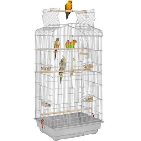 Yaheetech 41''H Open Top Metal Bird Cage Large Parrot Cage with Double Door Design Slide-out Tray Four Feeders, Light Gray
