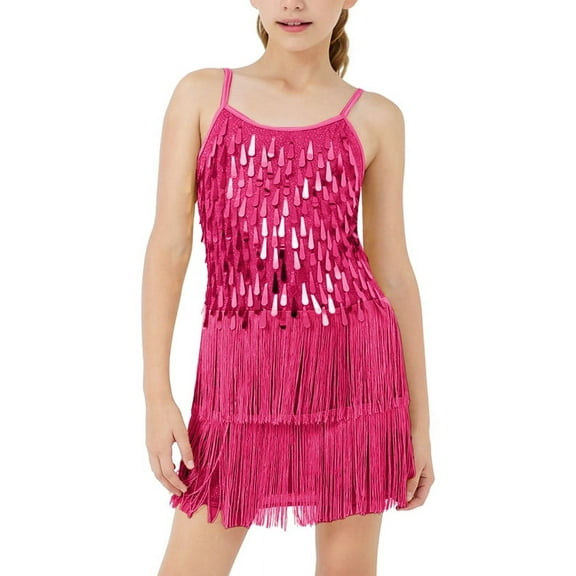 LOLANTA Girls Sequins Fringe Dance Dress Jazz Latin Street Dance Fine Glitter Suspender Skirt Shorts Set 5-13 years