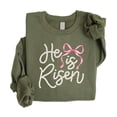 thumbnail image 4 of He Is Risen Easter Sweatshirt for Women - Pearl Bow Christian Faith Pullover Army Green Sweatshirt Adult Small, 4 of 7
