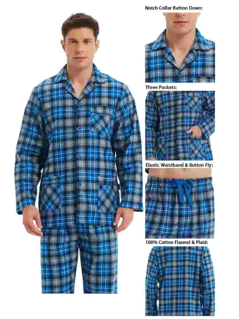 GLOBAL Men's Pajamas Sets 100% Cotton Flannel Sleepwear Long GLOBAL Men's Pajamas Sets 100% Cotton Flannel Sleepwear Long