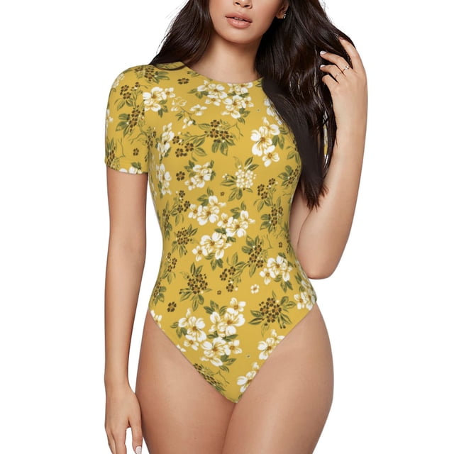Balery Flower Body de cuello redondo de manga corta para mujer Tops de manga corta Tops básicos-Large