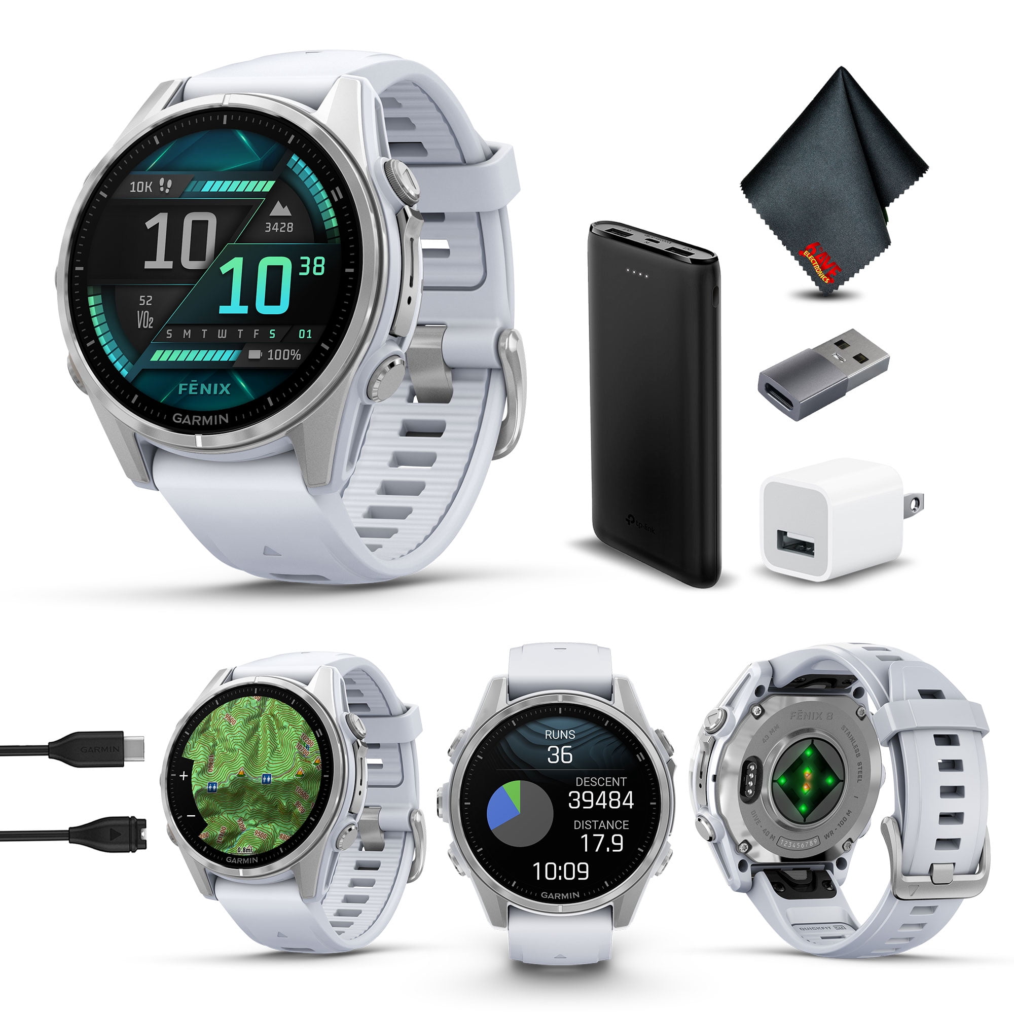 Garmin Fenix 8 43MM AMOLED Sapphire Multisport GPS Smartwatch Silver with Whitestone Silicone Band Charging Bundle