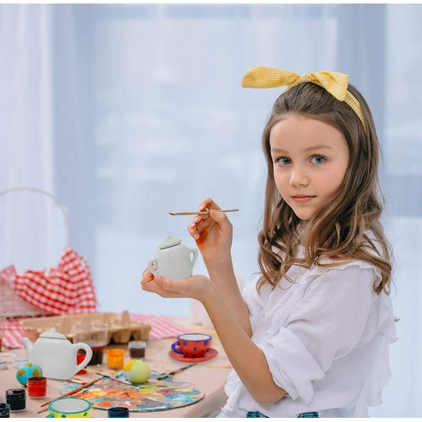 HTOOQ Peignez votre propre service à thé pour enfants, décorez votre propre  ensemble de 11 pièces artisanales en porcelaine, comprend six pots de  peinture et un pinceau - - 