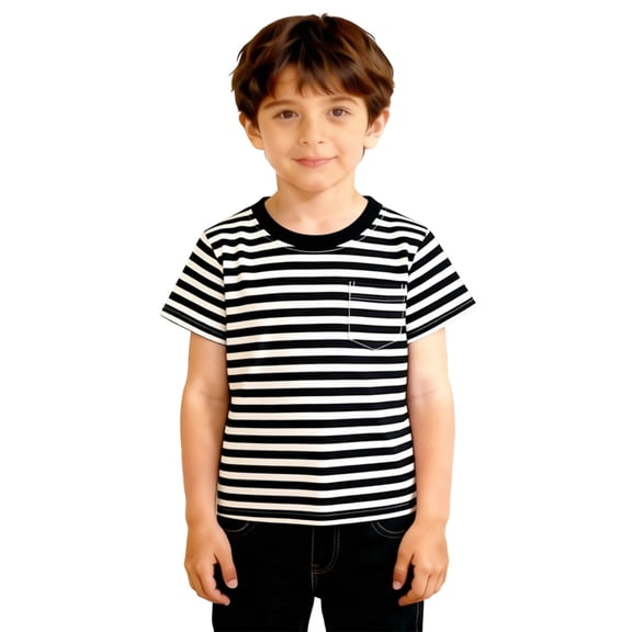 Tisuna Classic Striped Crewneck Tee For Kids Comfortable Casual Short Sleeve Top For Boys Girls Regular Fit School Holiday Everyday Playwear Black Size 3-4 Years