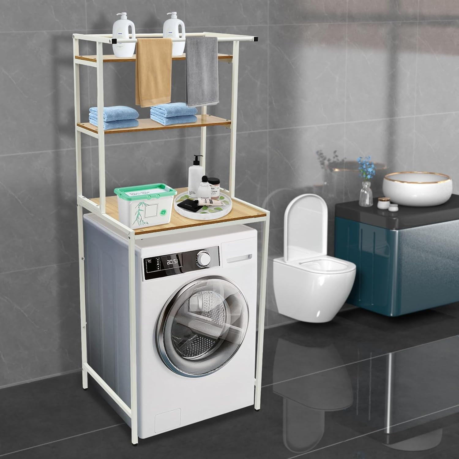 Miumaeov Over Washer Dryer Stacking Rack, Clothes Drying Rack Stand Over Washer, 2 Tier Adjustable Height Storage Shelving for Bathroom, Bedroom,Balcony