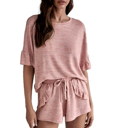 

Casual Solid Round Neck Short Sets Elbow-Length Baby Pink Womens Pajama Sets (Women s)