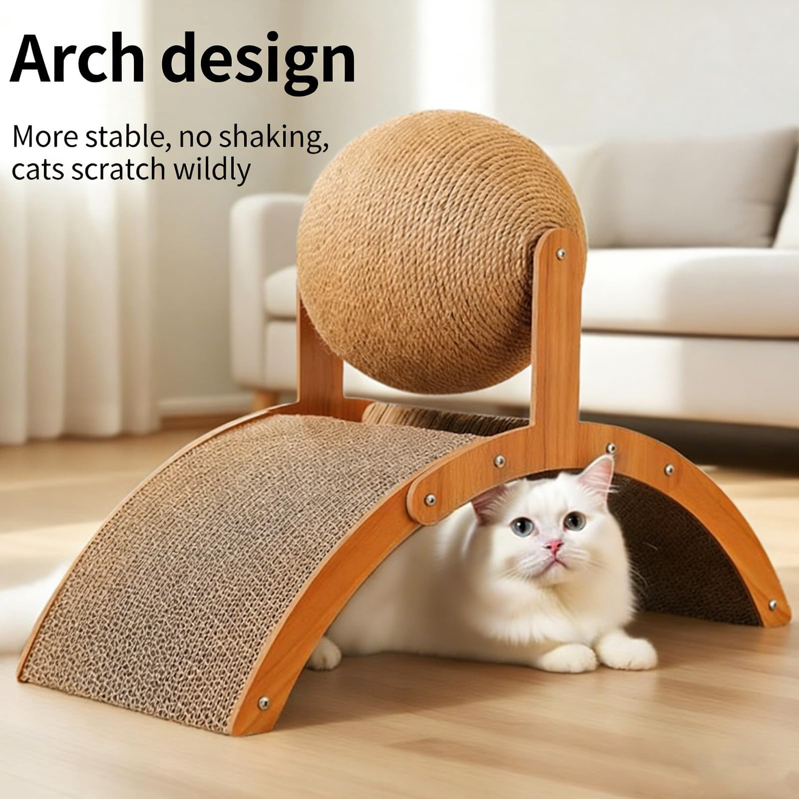 Cat Scratching Ball on Stand, 360° Rotating Sisal Ball on Solid Wood Stand, Interactive Scratching Toy for Indoor Cats
